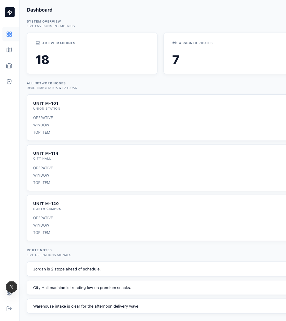 Aldervon dashboard showing active machines, assigned routes, service risks, and machine status